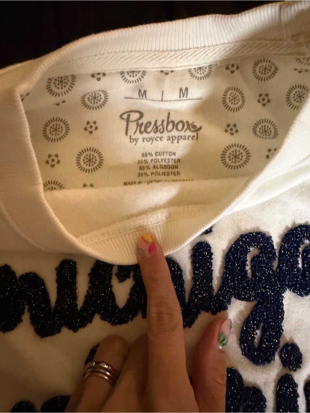 Pressbox Cream Sweatshirt with Navy Chenille Script - Picture 2 of 3